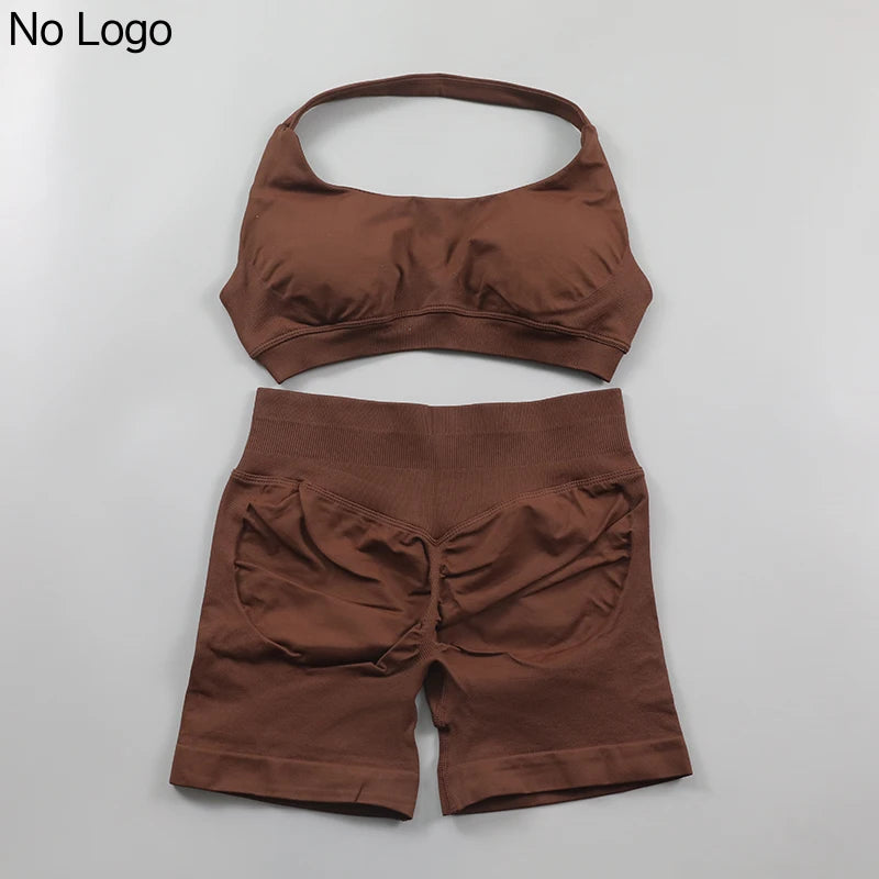 Fitness Shorts Sets Seamless Yoga Set Women 2Pcs Halter Sports Bra Scrunch Butt Gym Shorts Set Workout Clothes Summer Sportswear Badiee Stylez