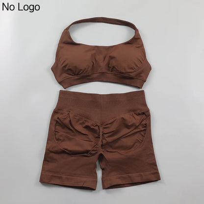 Fitness Shorts Sets Seamless Yoga Set Women 2Pcs Halter Sports Bra Scrunch Butt Gym Shorts Set Workout Clothes Summer Sportswear Badiee Stylez