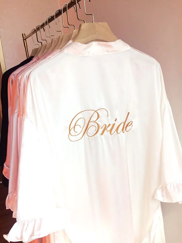 Personalized Embroidered Robe Ruffle Bridesmaids Silk Robes Bride Wedding Day Embroider Kimono Customizable Elements Kimono Robe