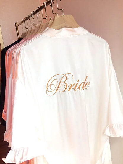 Personalized Embroidered Robe Ruffle Bridesmaids Silk Robes Bride Wedding Day Embroider Kimono Customizable Elements Kimono Robe