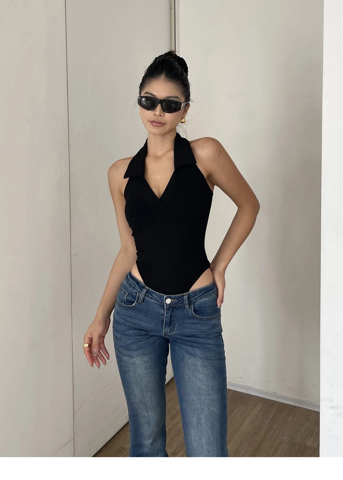 American Style Spicy Girl Sleeveless Polo Neck Solid Bodysuits Women's 2024 Summer New Sexy Backless High Waisted Slim Top Q29N