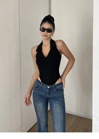 American Style Spicy Girl Sleeveless Polo Neck Solid Bodysuits Women's 2024 Summer New Sexy Backless High Waisted Slim Top Q29N