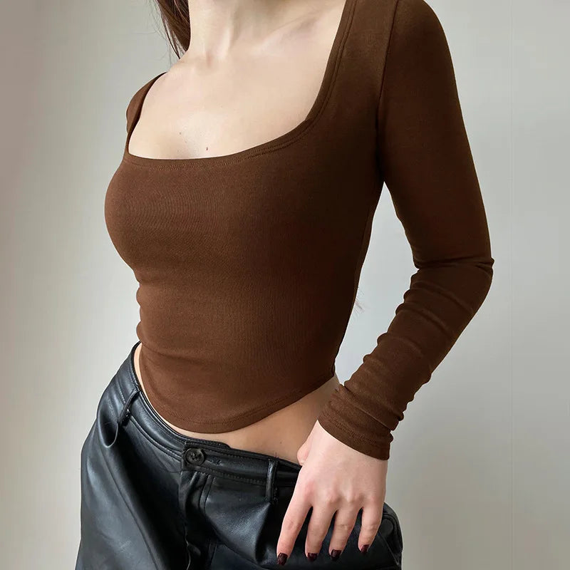 Square Collar Long Sleeve Casual Women T Shirts Green Autumn Skinny Sexy Solid Basic Crop Tops Fashion Streetwear Brown