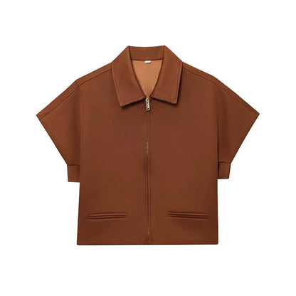RAFZNB Women's Cropped Jackets Coats Fashion Turn-down Collar Short Sleeve Coats Casual Female Outerwear Chic Tops