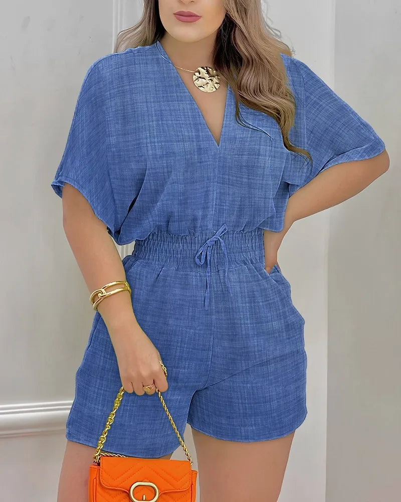 Jumpsuit Women Summer Women Loose Casual Printing Jumpsuit 2024Elegant Women Fashion V-neck Short Sleeve Waist Shorts Jumpsuit 3