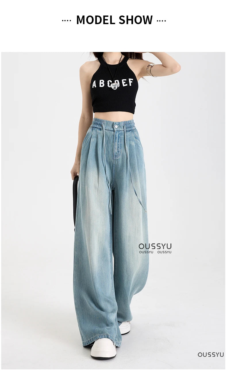 Summer Luxury Soft Cozy 100%Lyocell Fabric Woman Jeans Loose Wide Leg Elastic Waist Pants Fashion Casual Trousers Plus Length