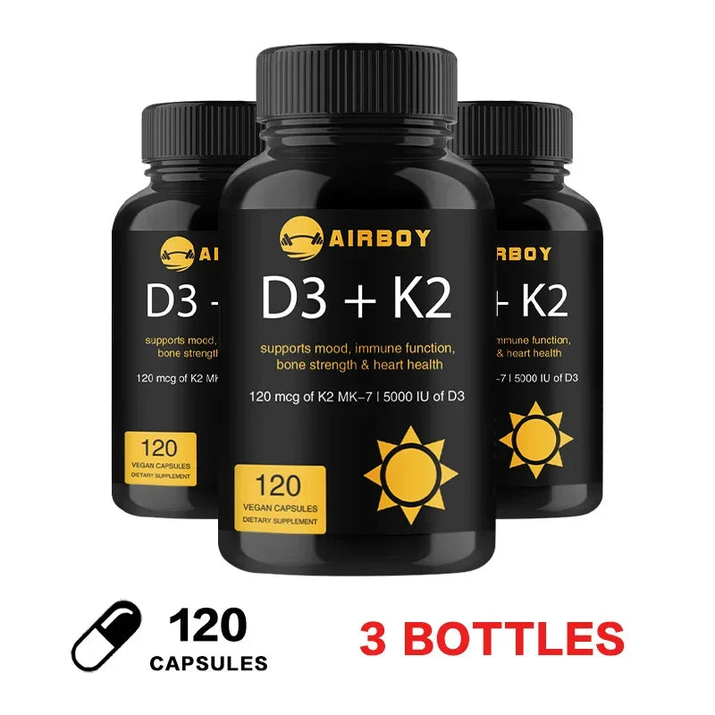 Vitamin D3+K2 Capsules - for Regulate Calcium Metabolism Bone & Heart & Immunity System HealthSupplements 120 Capsule-3bottles