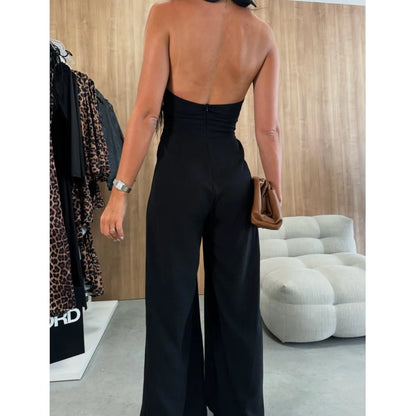 Sexy Solid Sleeveless Jumpsuit Spring Summer Fashion Commuter Women's Elegant Lapel Halter Neck Folds Wide Leg Trousers Jumpsuit Badiee Stylez