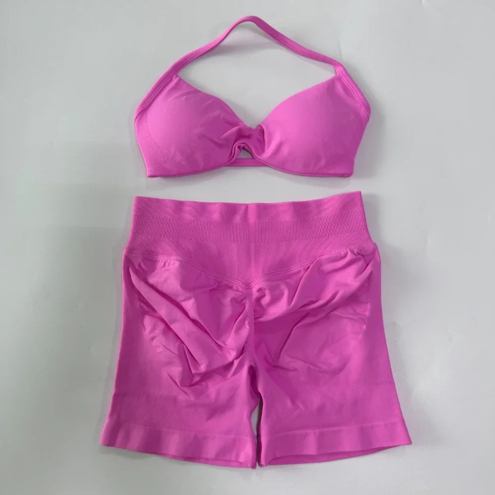 NO LOGO 2PCS Gym Set Women Strappy Yoga Bra Top High Waist Workout Scrunch Shorts Sports Suit Seamless Yoga Set Fitness Clothes Badiee Stylez