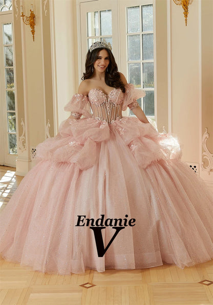 Vendanie Classic Quinceanera Dress Rhinestones Ruched Sweetheart Lace up Tulle Ball Gown Vestidos De 15 Anos Customized Badiee Stylez