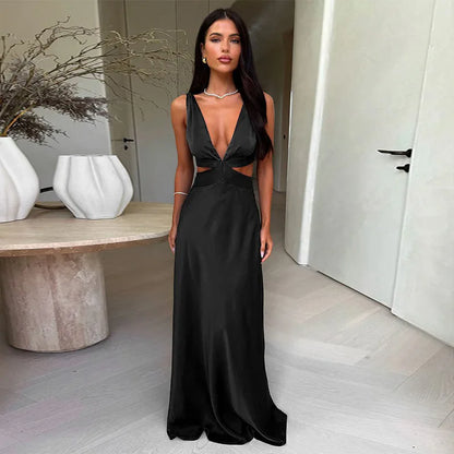 Tornova Deep V neck Hollow Long Dress Female Sleeveless Slit Beach Vacation Dress Solid Color High Waist Bodycon Women's Dress Black