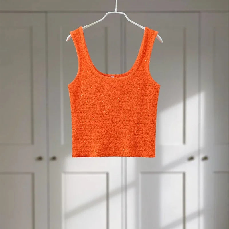Elegant Sequined Orange Cardigans Women Y2k O-neck Short Sleeve One Button Female Tops 2025 Street Summer Lady Chic Knitwear