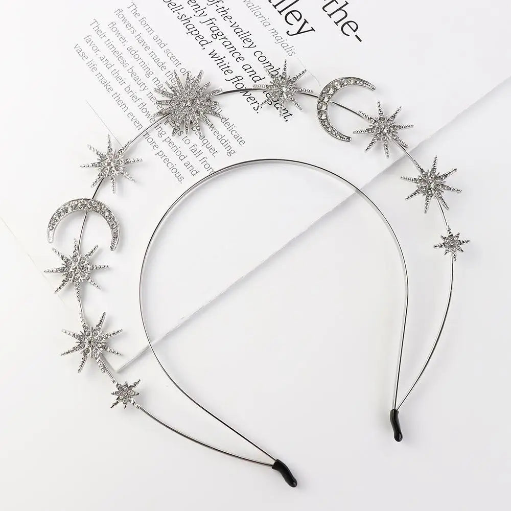 Exaggerated Metal Star Hair Hoop Silver Princess Halo Crown Bridal Hair Tiara Rhinestone Baroque Hairbands Children