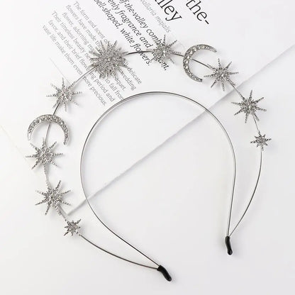 Exaggerated Metal Star Hair Hoop Silver Princess Halo Crown Bridal Hair Tiara Rhinestone Baroque Hairbands Children