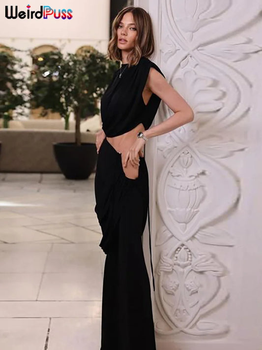 Weird Puss Elegant Irregular 2Piece Set Summer Women Chic Classic Tank Tops+Skirts Pants Matching Trend Ruched Suits Streetwear Badiee Stylez