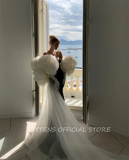 Black Evening Dresses for Women Customized Luxury White 3D Flower Jacket Formal Occasion Dress Floor Israel Long Prom Gowns Badiee Stylez