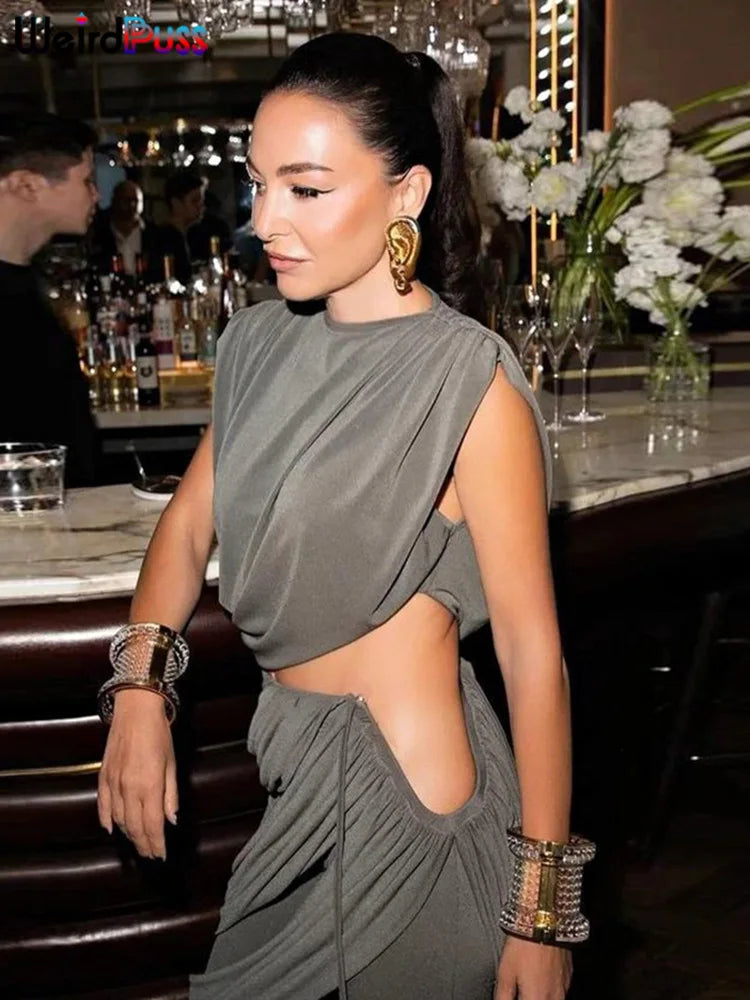 Weird Puss Elegant Irregular 2Piece Set Summer Women Chic Classic Tank Tops+Skirts Pants Matching Trend Ruched Suits Streetwear Badiee Stylez