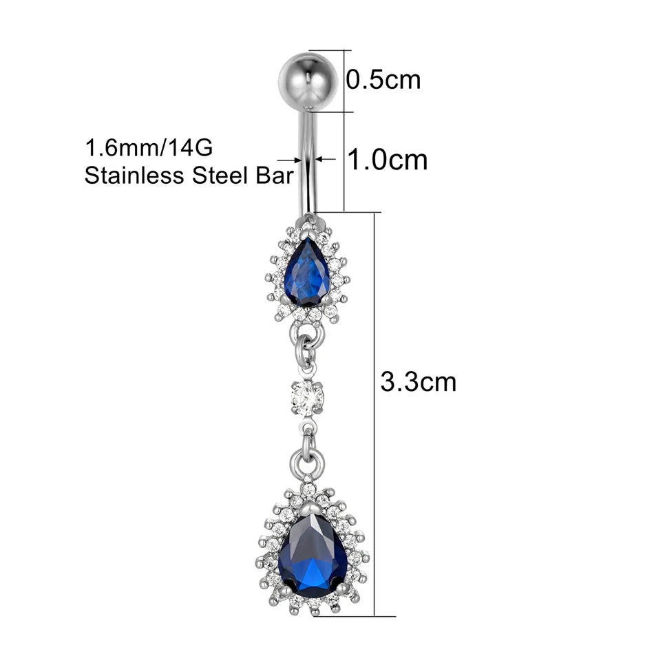 Luxury Blue Zircon Water Drop Belly Button Ring for Women Crystal Dangle Navel Piercing 14G Surgical Steel Barbell Body Jewelry