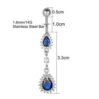 Luxury Blue Zircon Water Drop Belly Button Ring for Women Crystal Dangle Navel Piercing 14G Surgical Steel Barbell Body Jewelry