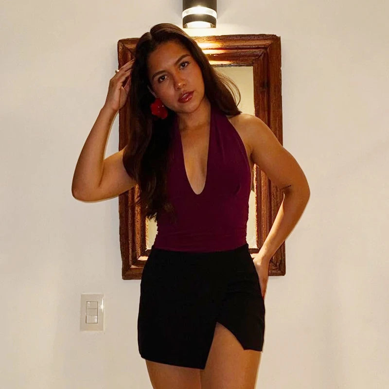 TRAF Halter Top Women Off Shoulder Deep V-Neck Crop Top y2k Sexy Backless Tank Top Street Style Casual Women's Summer Tops 2025