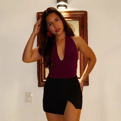 TRAF Halter Top Women Off Shoulder Deep V-Neck Crop Top y2k Sexy Backless Tank Top Street Style Casual Women's Summer Tops 2025