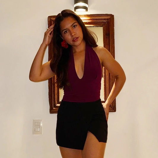 TRAF Halter Top Women Off Shoulder Deep V-Neck Crop Top y2k Sexy Backless Tank Top Street Style Casual Women's Summer Tops 2025