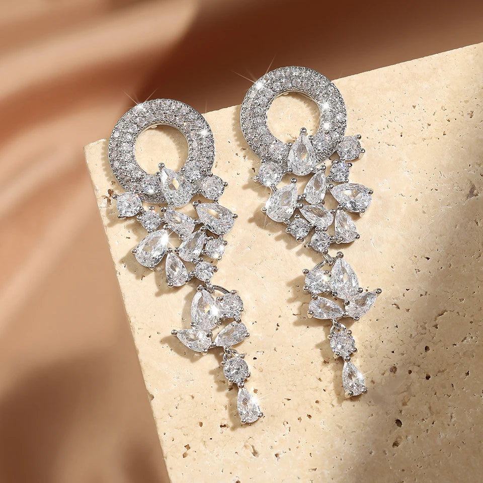 ZAKOL Vintage Sparkling Zircon Flower Dangle Earrings for Women Luxury Crystal CZ Bridal Long Earring Engagement Jewelry Gift Sliver Color