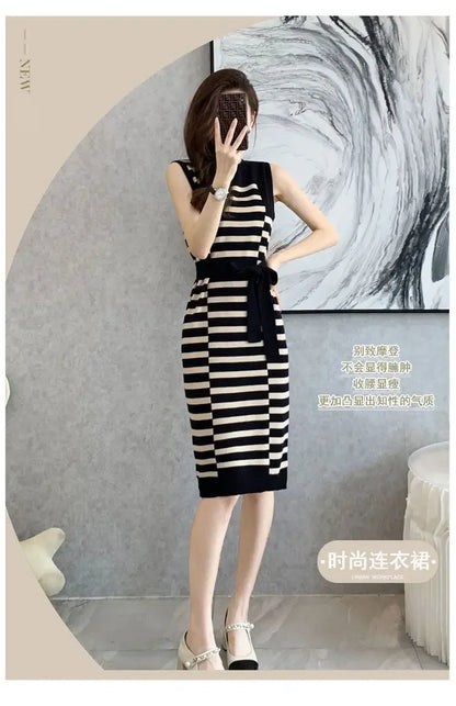 2025 Summer New Over-knee Long Temperament Slim Waist Vest Sleeveless Slim Striped Knitted Dress