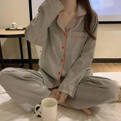2PCS/Set Women's Long Sleeve Loose Breathable Student Sleepwear Loungewear Cardigan Gray Striped Girl Fashion Pajamas Homewear