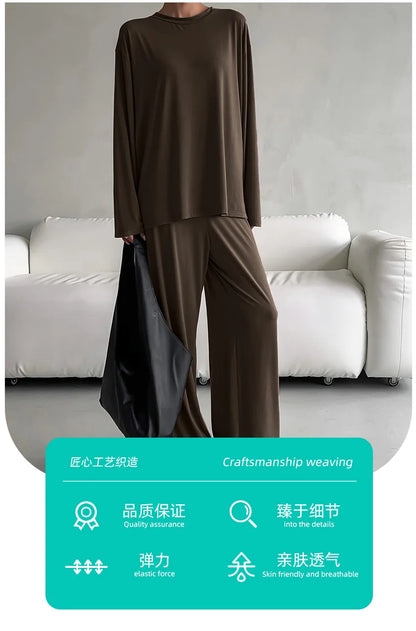 New 2025 Brown Loose Female Sleepwear Suit O-Neck Nightgowns Long Sleeve Nightwear Wide Leg Pants Women's Pajamas 2 Piece Set