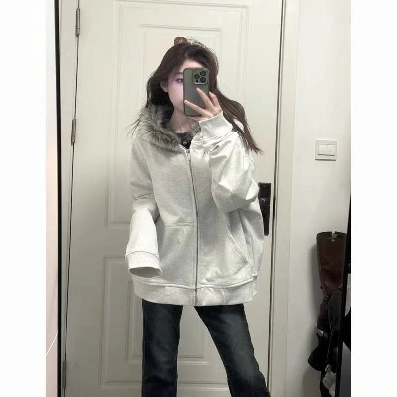 Korean Fashion Sweatshirts Harajuku Gothic Printed Coats Jackets Subculture Vintage Faux Fur Hooded Women Casual Y2k Clothing 3051 Grey White