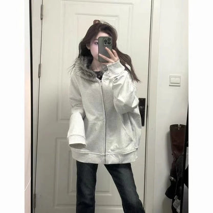 Korean Fashion Sweatshirts Harajuku Gothic Printed Coats Jackets Subculture Vintage Faux Fur Hooded Women Casual Y2k Clothing 3051 Grey White