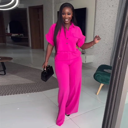 Women's Two Piece Sets Spring Summer Casual Solid Turn-down Neck Short Sleeve Loose Top & Wide Leg Pants Set Streetwear Outfits