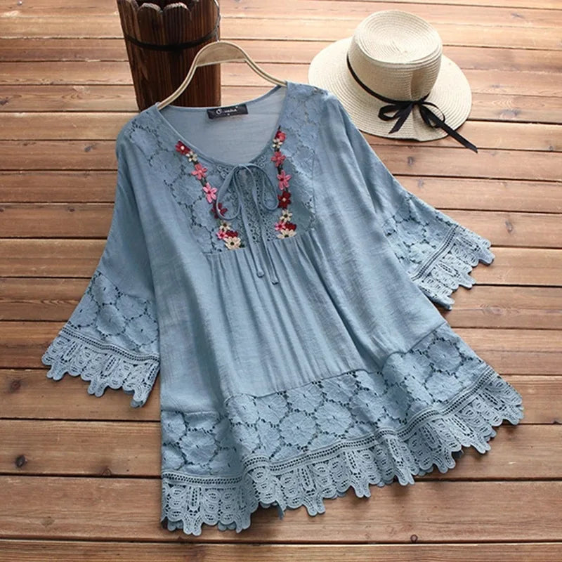 Summer Women Casual Solid Tops Shirt Cotton And Linen Stitching Lace Flower V-neck Loose Top Blouse New Elegant Holiday Shirts SKY BLUE