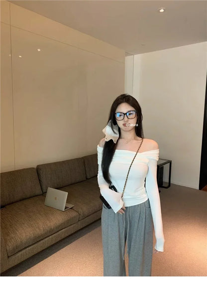 Elegant Off-Shoulder Long Sleeve Knitted Top For Women 2023 Autumn Slimming Smooth Base Layer T-Shirt Polyester Fiber Full Sleev