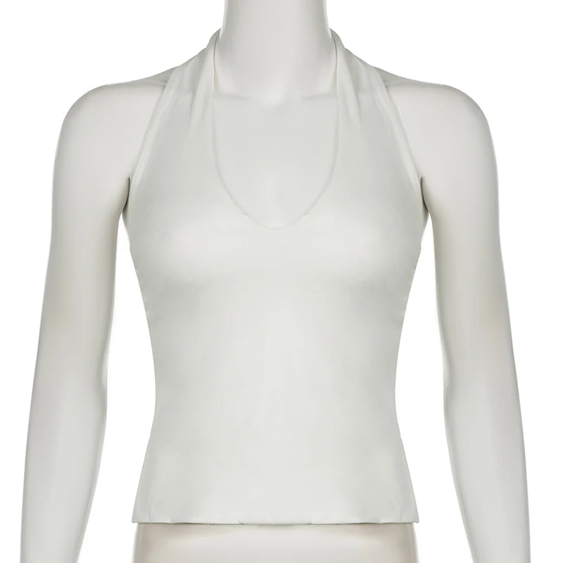 Cuteandpsycho Halter Neck Sext Tops Solid Basic Clubwear Fashion Slim Backless Cloth for Women Y2K Vintage 2000s Streetwear Tee