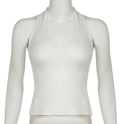Cuteandpsycho Halter Neck Sext Tops Solid Basic Clubwear Fashion Slim Backless Cloth for Women Y2K Vintage 2000s Streetwear Tee