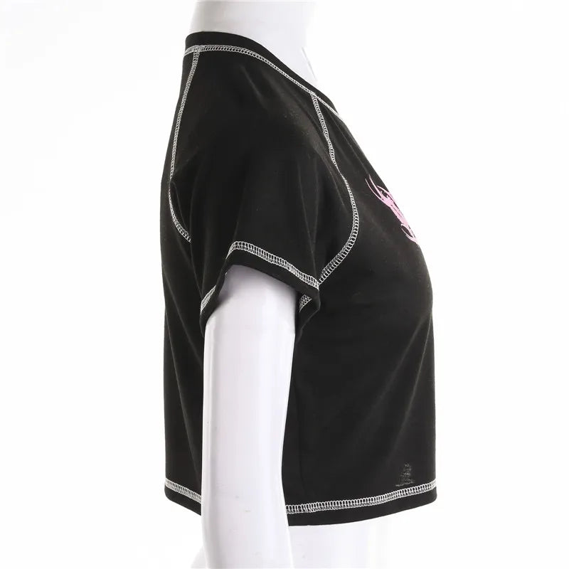 Gothic Graphic Printed T-Shirt For Ladies Harajuku Short Sleeve Crop Top Angels And Demons Print Tee Tops Women