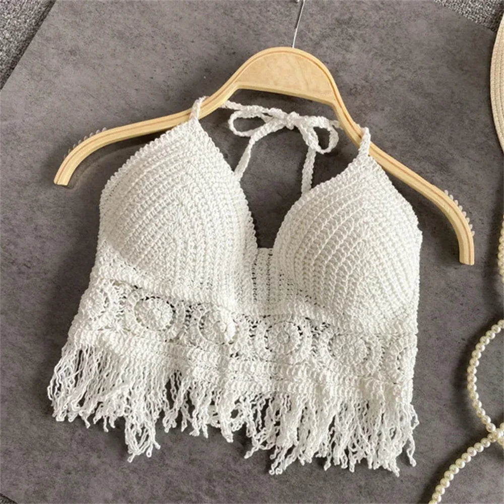 Sexy Boho Beach Holiday Camisole Halter Women Crochet Knit Swimsuit Bra Backless Vest Hollow Tassel Tank Top Women's Crop Tops White One Size