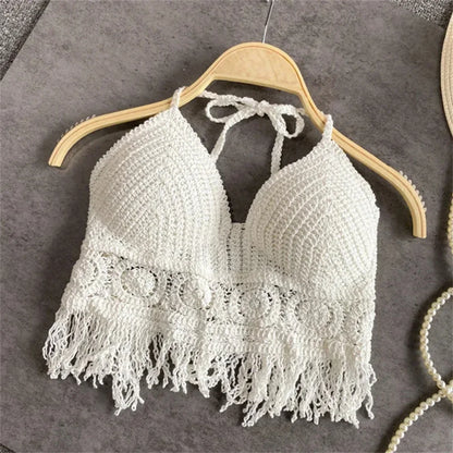 Sexy Boho Beach Holiday Camisole Halter Women Crochet Knit Swimsuit Bra Backless Vest Hollow Tassel Tank Top Women's Crop Tops White One Size
