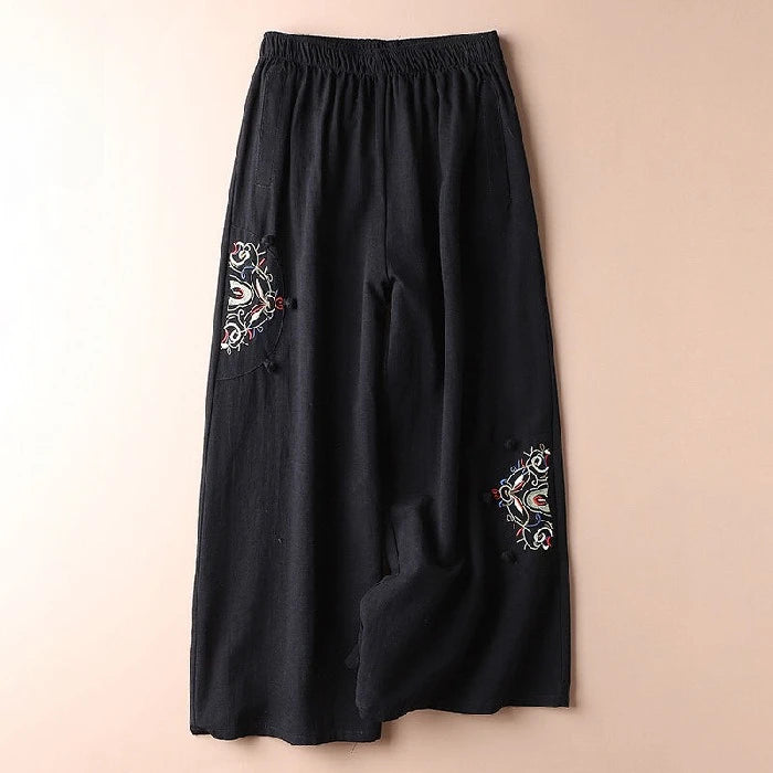 Summer Cotton Linen Cropped Pants Women Casual Thin Vintage Ethnic Bottom Embroidered Wide Leg Pants Woman Clothes Trousers Black