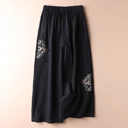 Summer Cotton Linen Cropped Pants Women Casual Thin Vintage Ethnic Bottom Embroidered Wide Leg Pants Woman Clothes Trousers Black