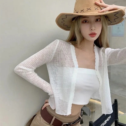 JOEVILU Thin Sunscreen Shirt Women's Summer Outerwear Crop Tops Hollow Out White Long-sleeved Cardigan Elegant Casual Shawl Coat