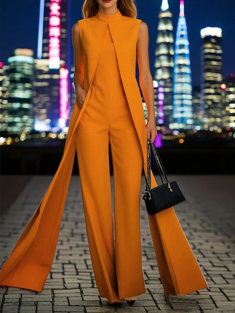 Beautyblue New Jumpsuits for Woman Fashion Solid Color Overalls Elegant Sleeveless High Waisted Pockets Orange Female Jumpsuit