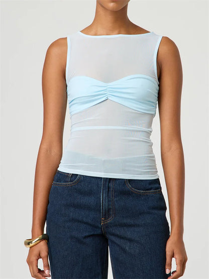 CHRONSTYLE Sexy Women Mesh Sheer See Through Tank Tops Sleeveless Round Neck Solid Color Slim Fit Ruched Patchwork Vest 2025 New