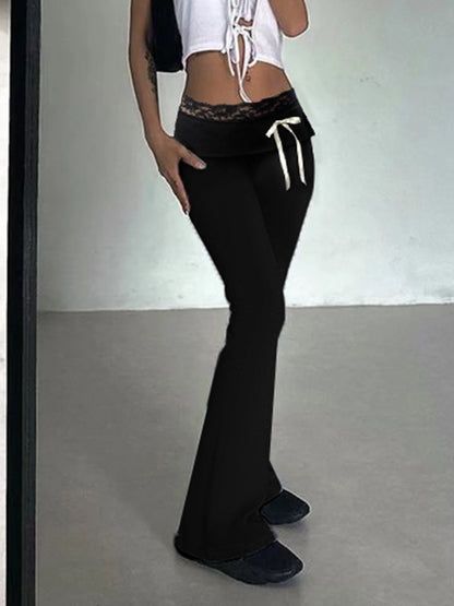 Cuteandpsycho Lace Patchwork Bow Straight Pants Y2K Fashion Aesthetic Cute Trousers Harajuku Streetwear Joggers 2000s Bottoms