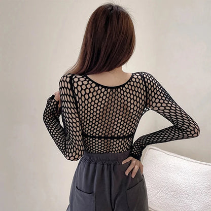Womens Sexy Mesh Long Sleeve Fishnets Tops Fun Fashion Slim Fit Tops Hollow Out See Through Loose Female T-shirts Crop soft Top