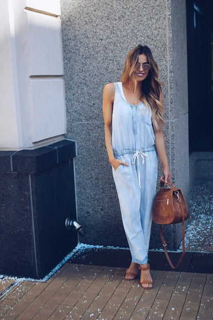Summer Fashion Jumpsuit for Women Romper Overalls Single-breasted Casual Denim Trousers Sleeveless Ankle Pants Loose Jumpsuits Badiee Stylez