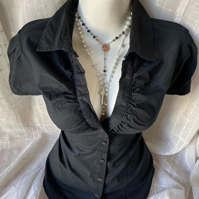 Retro new black Japanese V-neck shirt for women Harajuku Goth large size waist-hugging and slimming fashion top