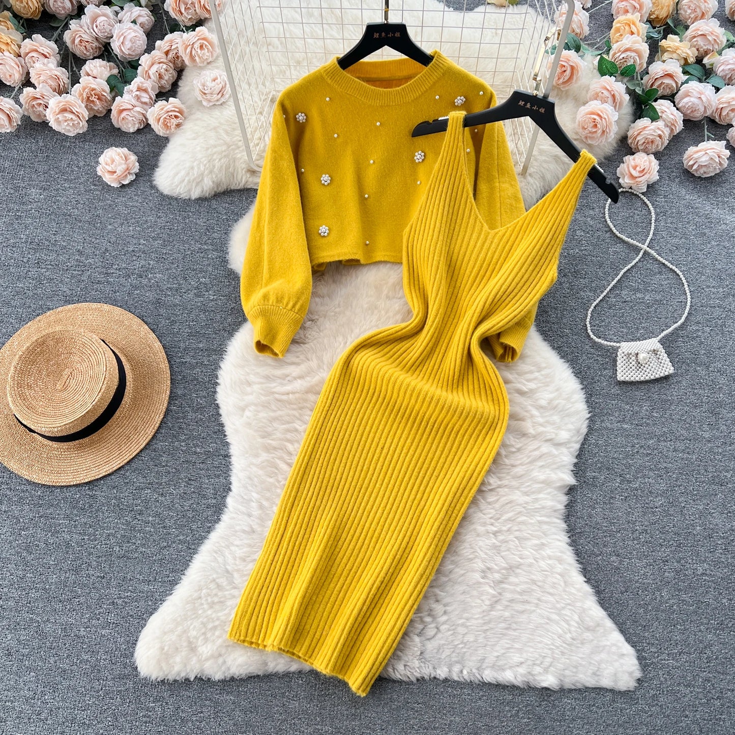 SINGREINY Beading Casual Two Piece Set Women Long Sleeve O Neck Pullover Midi Dress Fashion 2023 Winter Sweater Suit Dresses Badiee Stylez